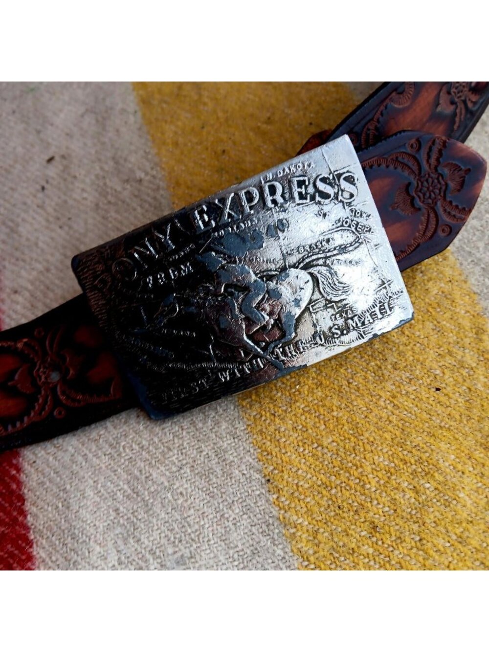 38 Large Vintage Pony Express Cowboy Belt Tooled Leather Strap Western Buckle